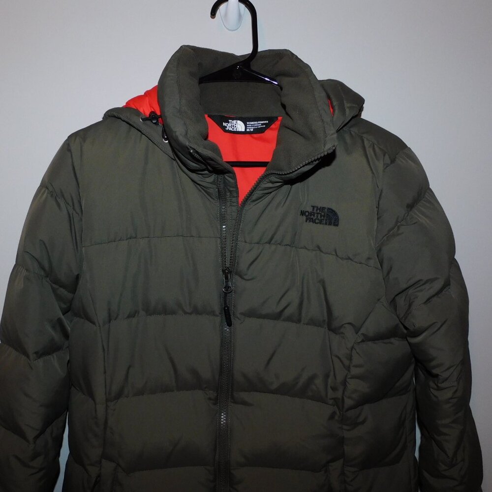 The North Face womens winter puffer jacket - green with orange lining - Medium